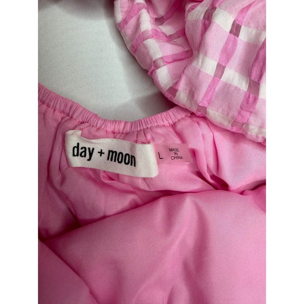 Day + Moon Pink Gingham Seersucker Mini Dress Pockets Open Back Bow L Large - Picture 6 of 12